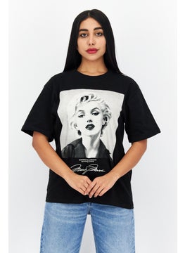 Women Crew Neck Short Sleeves Graphic Print T-Shirt, Black