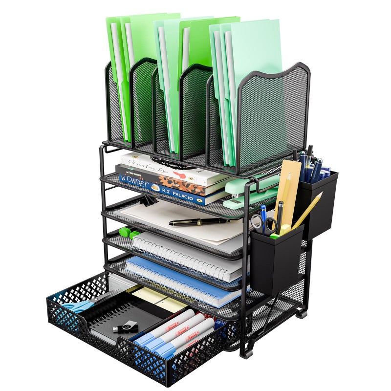 Simple Trending 5 Tier Mesh Desk File Organizer Paper Letter Tray File Holder with Sliding Drawer Organizer for Office Home Black