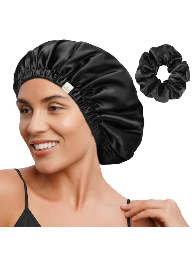 Luxurious satin hair bonnet + hair clip - Protects and softens your hair - Prevents tangling and breakage - Comfortable for sleeping and styling - Black color - Image 1