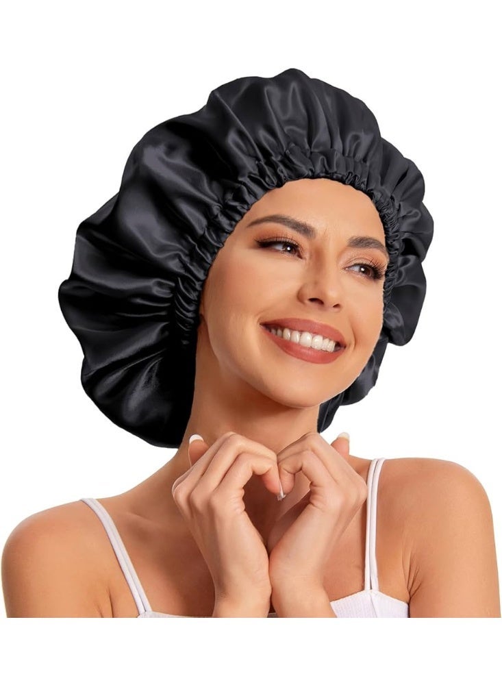 Luxurious satin hair bonnet + hair clip - Protects and softens your hair - Prevents tangling and breakage - Comfortable for sleeping and styling - Black color - Image 2