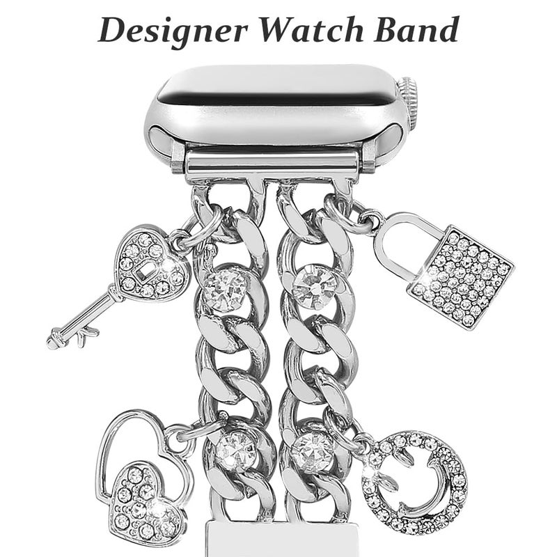 YONWORTH Cuban Chain Band Compatible with Apple Watch Bands 38/40/41mm Women,Bling Diamond Chain Metal Wristband Cute Charms Pendants for iWatch Series 10 9 8 7 6 5 4 3 SE (A5-Bling Silver, 38MM) - Image 4