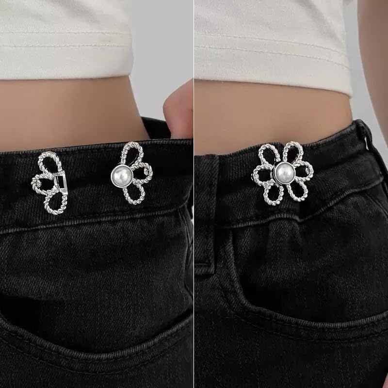 LUVINA Pant Waist Tightener, Adjustable Jeans Buttons for Women, Instant Jeans Button Pins for Pants Jeans Skirts - Pant Waist Tightener 2 pcs (Silver Color) - Image 1