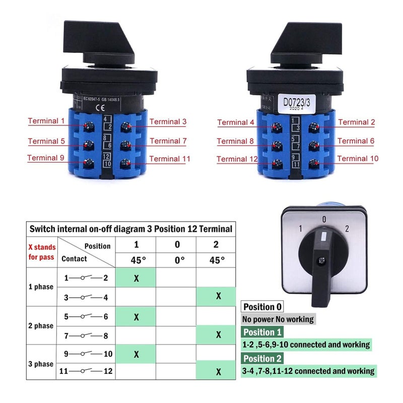 63A 4 Position 12 Terminals 690V Rotary Cam Changeover Selector Switch 32A - Image 4