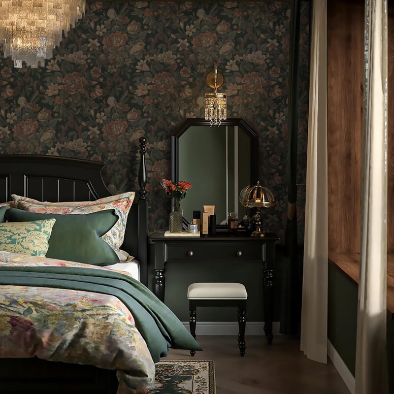 Dimoon Vintage Wallpaper Peel and Stick Dark Green Floral Wallpaper 16.1"x236"Flower Leaf Contact Paper for Bedroom Thicken Waterproof Self Adhesive Wall Paper Removable Shelf Liner Vinyl Roll - Image 5