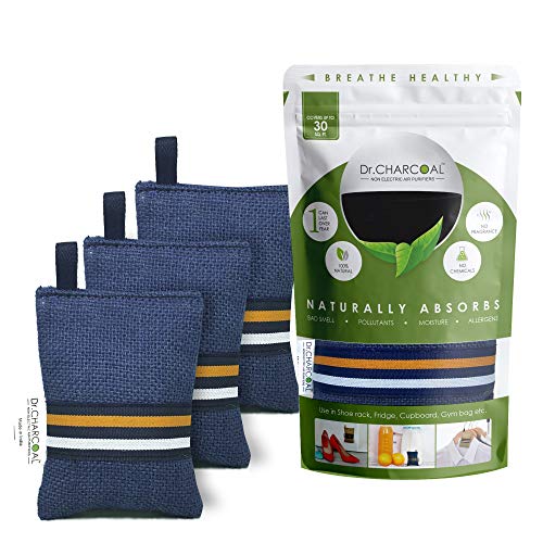 Dr. CHARCOAL Dr CHARCOAL Moisture Absorber Dehumidifier Activated Charcoal Bags for Wardrobe, Shoe Rack and Fridge; Prevents Mould & Fungus, Removes Bad Smell, Lasts 1 year, 75g Pack of 3 (Modish Neel) - Image 1