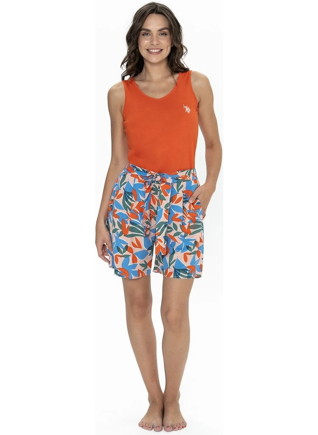 يو اس بولو اسن 20098 Women's Thick Strappy Crew Neck Shorts Pajama Set-Orange