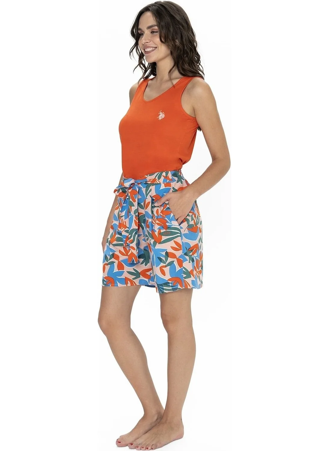 يو اس بولو اسن 20098 Women's Thick Strappy Crew Neck Shorts Pajama Set-Orange