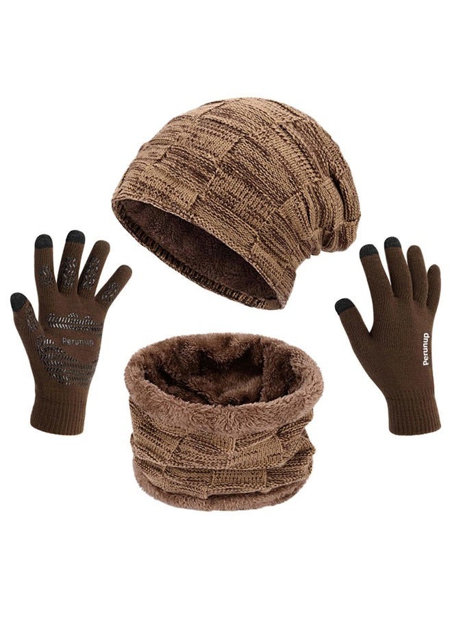 MAYLISACC Winter Beanie Hat Scarf and Touch Screen Gloves Set, Thermal Knit Cap Neck Warmer with Glove for Men Women, Mixbrown--3 Pcs-(hat+scarf+gloves), One size - Image 1