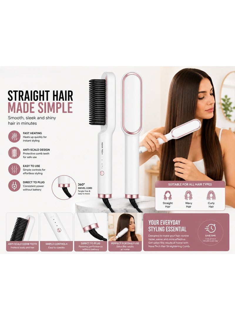 NOVA TECH Electric Hair Straightener Brush Fast Heating Anti-Scald Hair Straightening Comb for Styling - Image 3