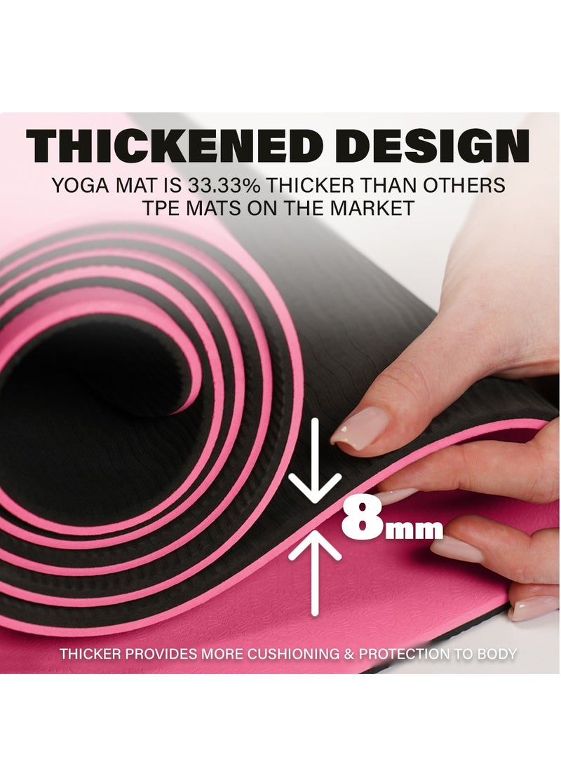 Bernessi 8MM Yoga Mat with Carrying Strap Anti-Slip for Home Workout Exercises Meditation Eco Friendly, Non Skid TPE Yoga Mattres for Pilates 183x61x0.8cm Thick, Light Pink / Black Color  - Image 3