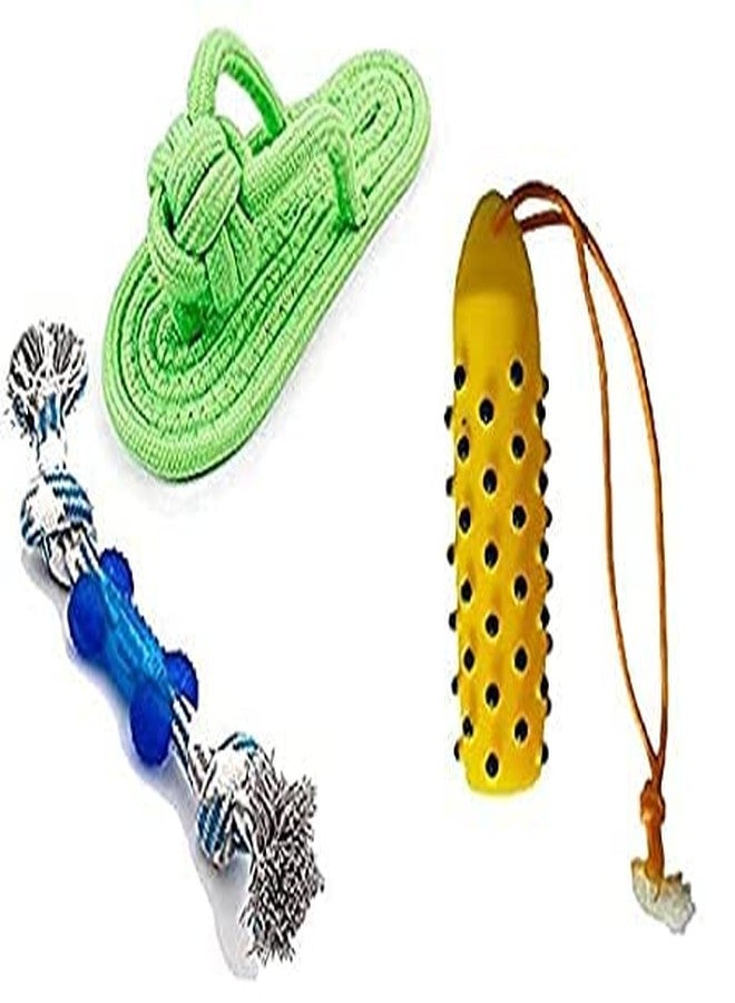Pups&Pets Combo Pet Chewing Cotton Rope Molar Toy for Dogs, Puppies & Cat - Pack of 3 (1 Tyre, 1 Slipper & 1 Rope) - (Color as per Availability) - Image 1