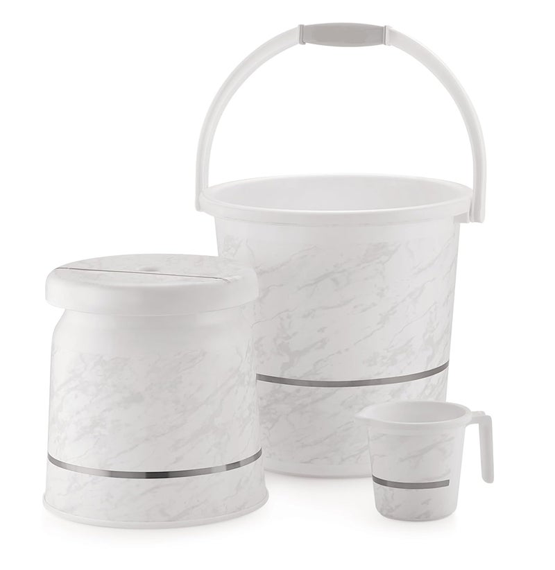 Liza Liza 3 pcs Bathroom Accessories Set Plastic Bath Set Bathroom Bucket 20Ltr, Mug and Stool 3 Piece Combo Set for Home, Kitchen & Bathroom (White) - Image 1