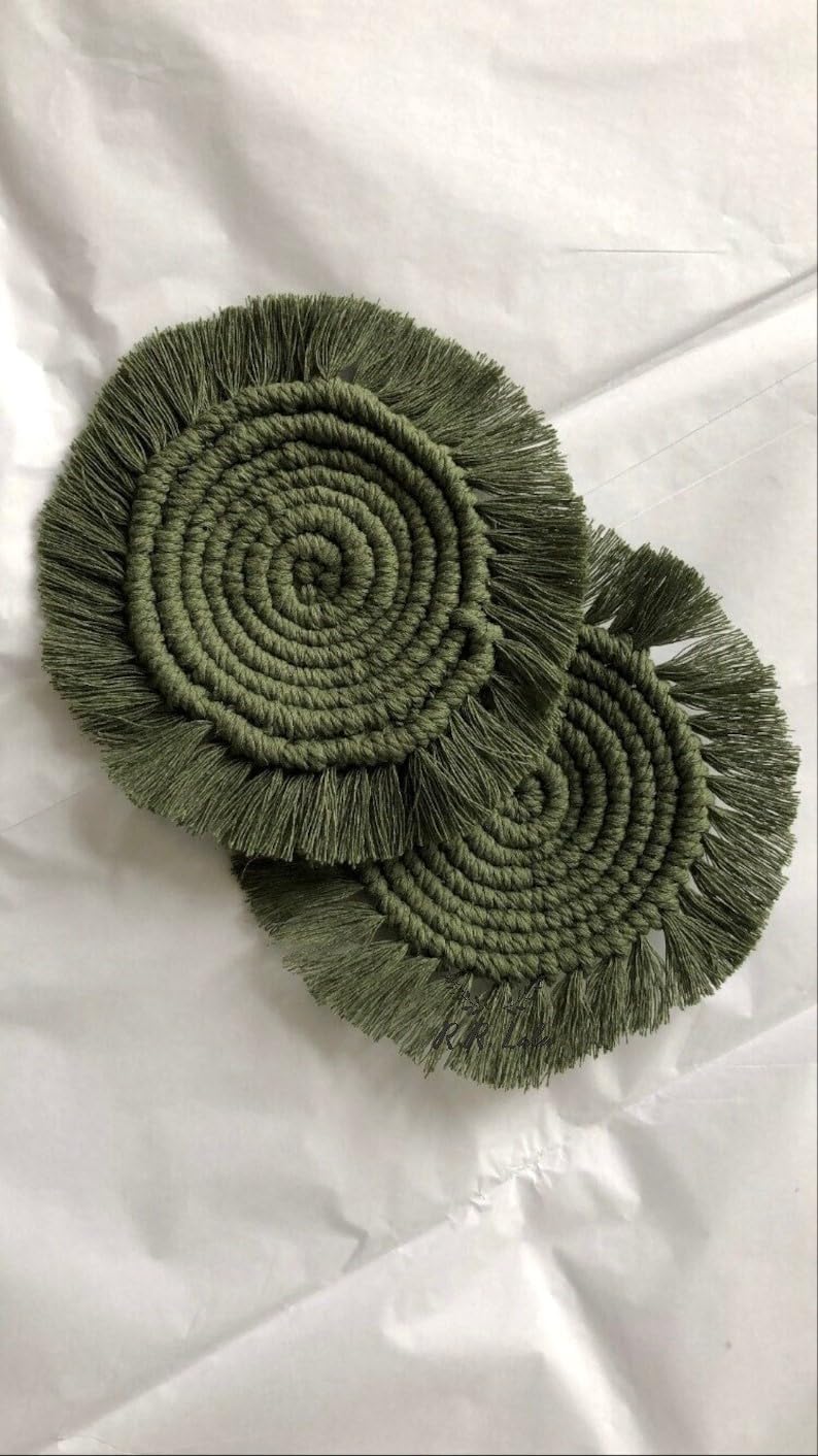 R.R.LALA Macrame Handmade CoastersTea Coaster Coffee Coaster Macrame Coasters Round Cup Coaster Boho Coaster 4 INCHES 4 PCS Set Circle Coaster with Frills Best Gift Cool Green Color - Image 3