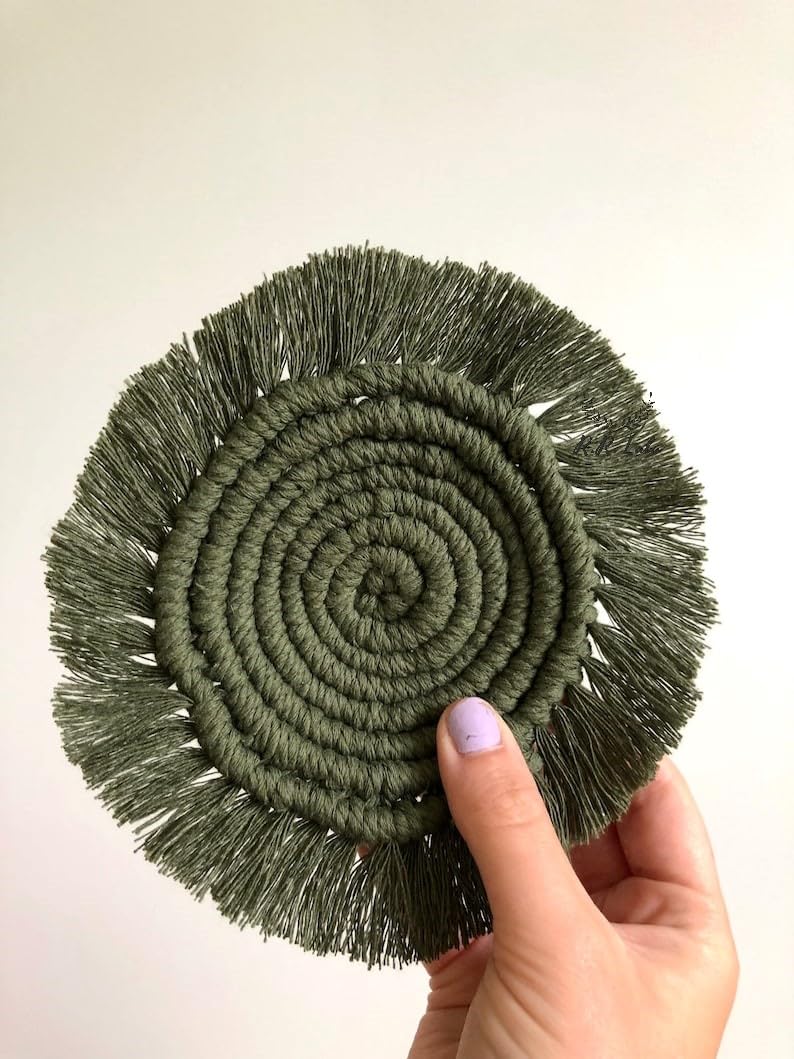 R.R.LALA Macrame Handmade CoastersTea Coaster Coffee Coaster Macrame Coasters Round Cup Coaster Boho Coaster 4 INCHES 4 PCS Set Circle Coaster with Frills Best Gift Cool Green Color - Image 2