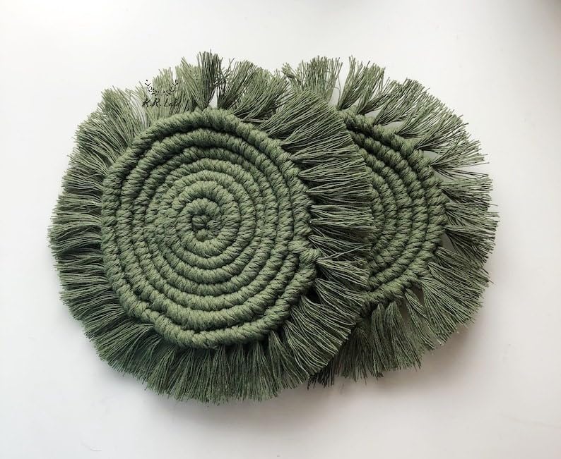 R.R.LALA Macrame Handmade CoastersTea Coaster Coffee Coaster Macrame Coasters Round Cup Coaster Boho Coaster 4 INCHES 4 PCS Set Circle Coaster with Frills Best Gift Cool Green Color - Image 1