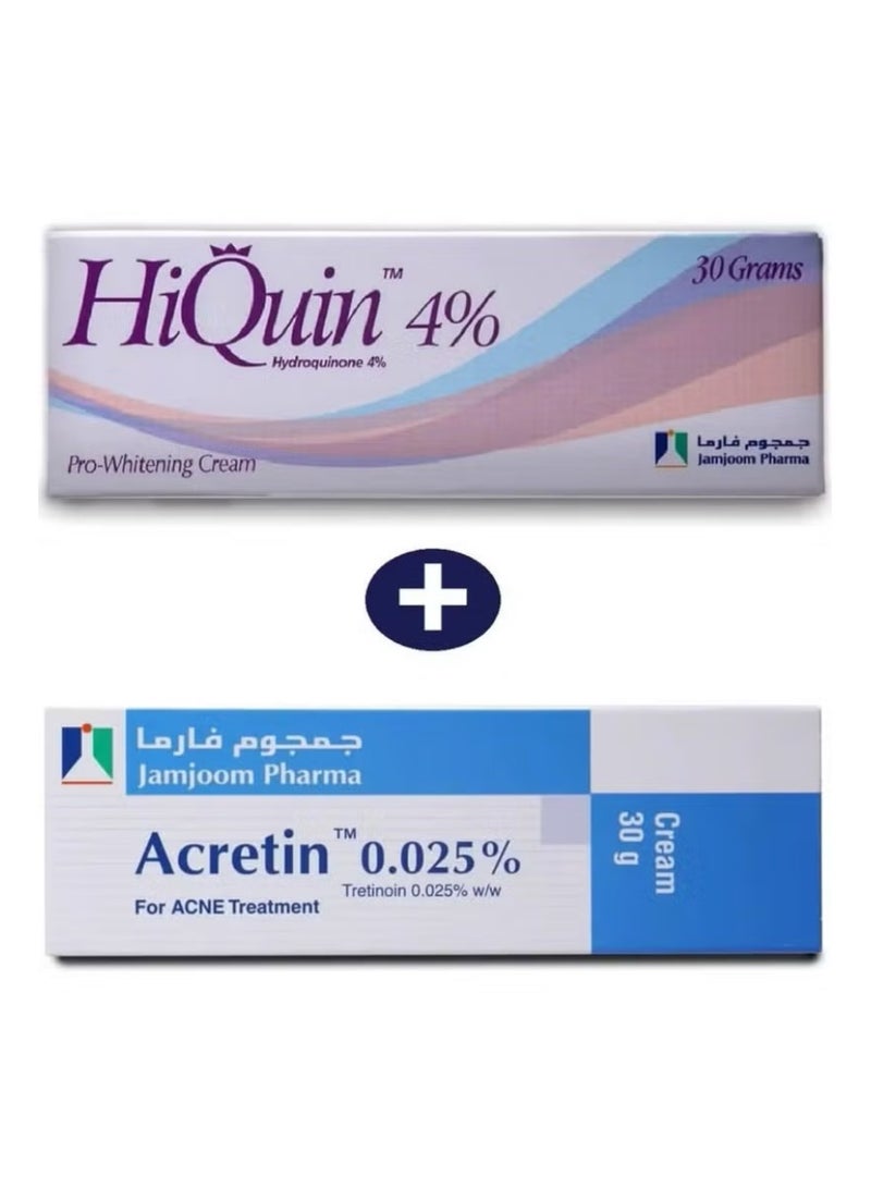 جمجوم فارما مجموعة العناية بالبشرة كريم أكريتين بتركيبة حمض التريتينوين بنسبة 0.025% 30 جرام لعلاج حب الشباب 30 جم + هاي كوين 4% كريم برو للتبييض وتفتيح البشرة المعزز والتقشير وعلاج حب الشباب 30 رجام - Image 1
