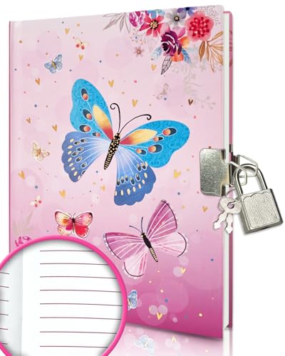 GINMLYDA Girls Diary with Lock for Kids 7x525 Inches 160 Lined Pages Secret Pink Butterfly Notebook for Girls Journal with Lock for Kids Pre School Writing Drawing Cute Girls Gifts for Birthday - Image 1