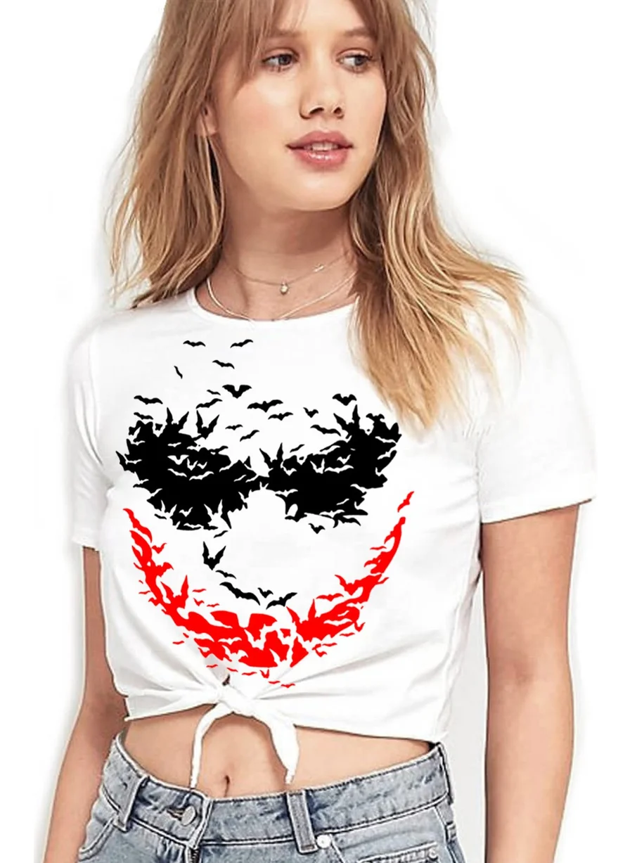 Rock&Roll Bat Smile White Cutout Crop Top Tied Women's T-Shirt