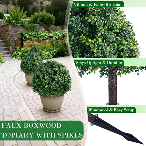 FONYICK 28 Inch Artificial Boxwood Trees, 2 Sets Faux Boxwood Topiary with Spikes, Pot Filler Fake Shrubs Plants for Outdoor Planters, Round Topiary Bush Balls Front Porch Home Garden Spring Decor - Image 4