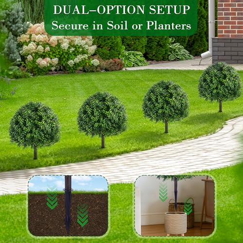 FONYICK 28 Inch Artificial Boxwood Trees, 2 Sets Faux Boxwood Topiary with Spikes, Pot Filler Fake Shrubs Plants for Outdoor Planters, Round Topiary Bush Balls Front Porch Home Garden Spring Decor - Image 2