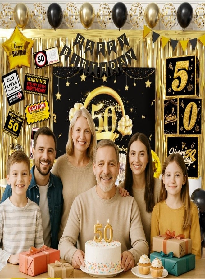 FIGEPO زينة حفلات عيد الميلاد الخمسين، مستلزمات حفلات للرجال بعمر 50 عامًا، تتضمن طقم بالونات، خلفية عيد ميلاد الخمسين، لافتة عيد ميلاد سعيد، بالونات فويل، وستائر. - Image 4
