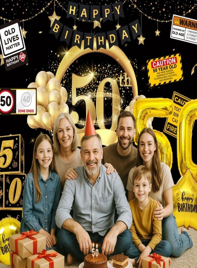 FIGEPO زينة حفلات عيد الميلاد الخمسين، مستلزمات حفلات للرجال بعمر 50 عامًا، تتضمن طقم بالونات، خلفية عيد ميلاد الخمسين، لافتة عيد ميلاد سعيد، بالونات فويل، وستائر. - Image 5