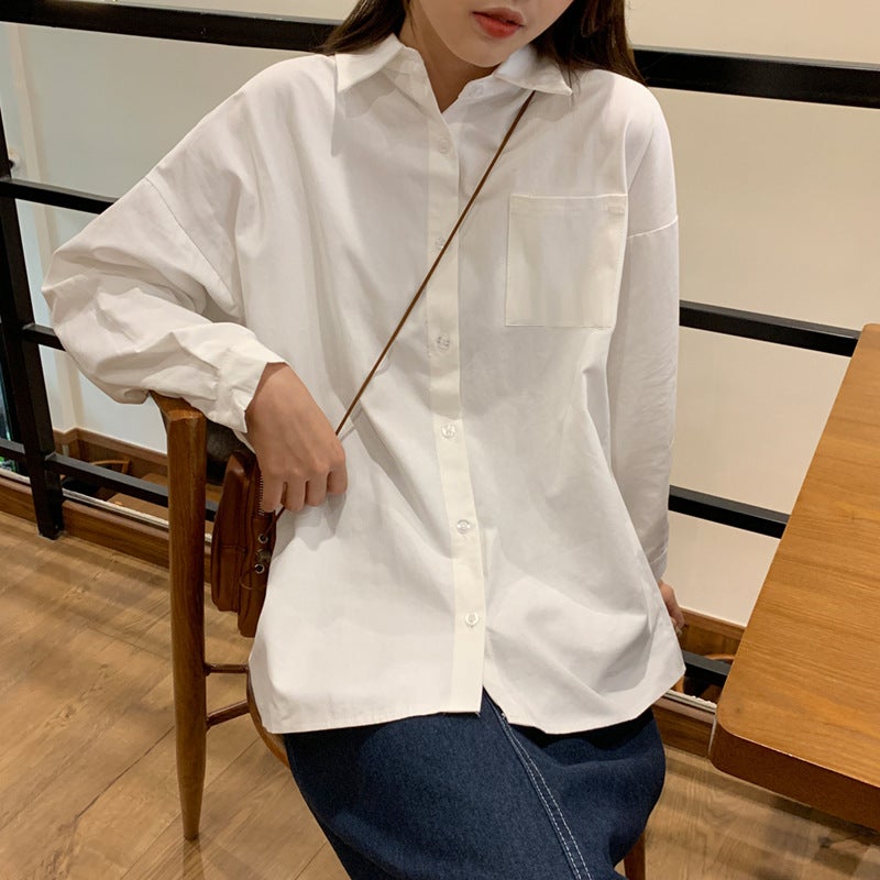 First Love White Top Long-Sleeved Base Shirt Women'S Korean-Style Loose Spring 2022 New White Shirt Inner Shirt - Image 3