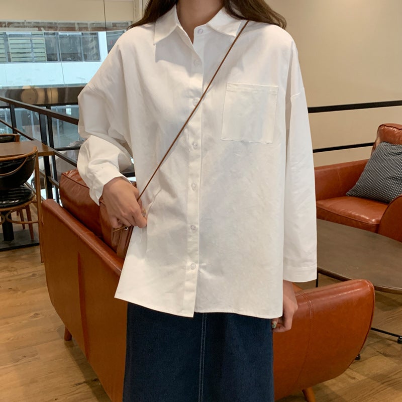 First Love White Top Long-Sleeved Base Shirt Women'S Korean-Style Loose Spring 2022 New White Shirt Inner Shirt - Image 1