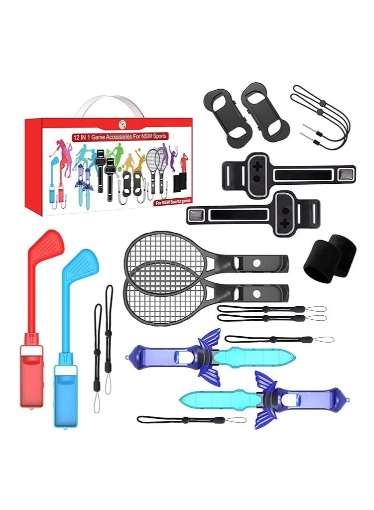 General The 12-in-1 Switch Sports Accessories Set is available for Nintendo Switch and Nintendo Switch OLED, including tennis rackets, golf clubs, mini swords, wristbands and leg straps, wristbands, joy-con cases  - Image 1