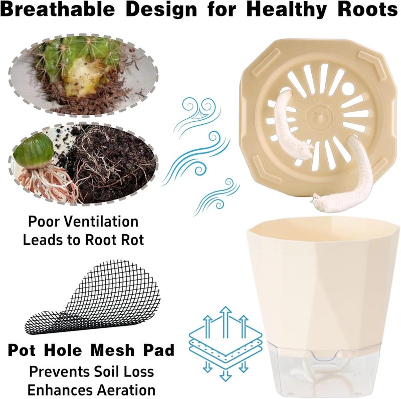 BovcTrraann Plastic Self Watering Plant Pots,Plastic Flower Pots with Drainage Hole and Saucer, Self Watering Planters for Indoor Outdoor Garden Plants, African Violet, Herbs (White, 5") - Image 5