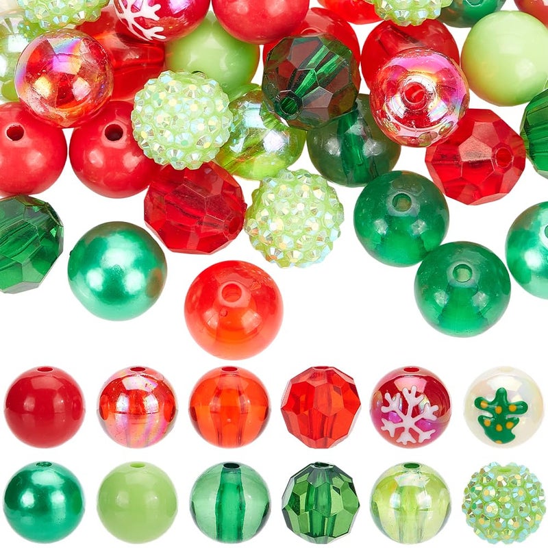 SUNNYCLUE 48Pcs 12 Styles Christmas Acrylic Beads Thick Bubble Bead Bulk 16mm Assorted Green Red Xmas Round Ball Disco Faceted Loose Spacer Pen Beads for Bracelets DIY Jewelry Making Crafts Accessory - Image 3