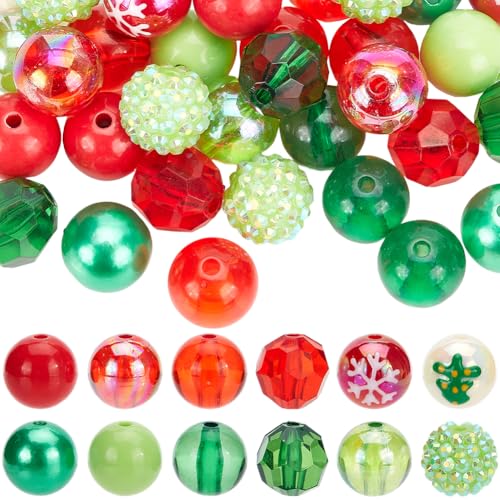 SUNNYCLUE 48Pcs 12 Styles Christmas Acrylic Beads Thick Bubble Bead Bulk 16mm Assorted Green Red Xmas Round Ball Disco Faceted Loose Spacer Pen Beads for Bracelets DIY Jewelry Making Crafts Accessory - Image 1