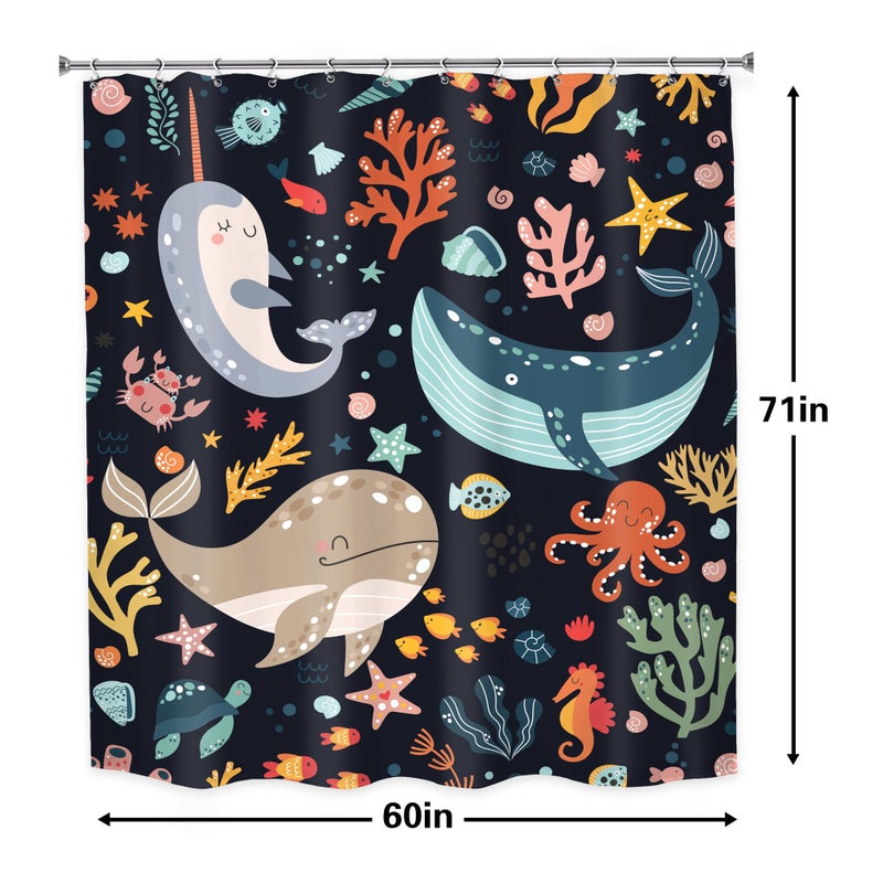 LGhtyro Kids Sea Animal Shower Curtain Bathroom Set 60Wx71H Inches Funny Whale Cute Cartoon Fish Ocean Sealife Coral Starfish Bath Accessories for Boys Nursery Art Home Decor Fabric 12 Pack Hooks - Image 5