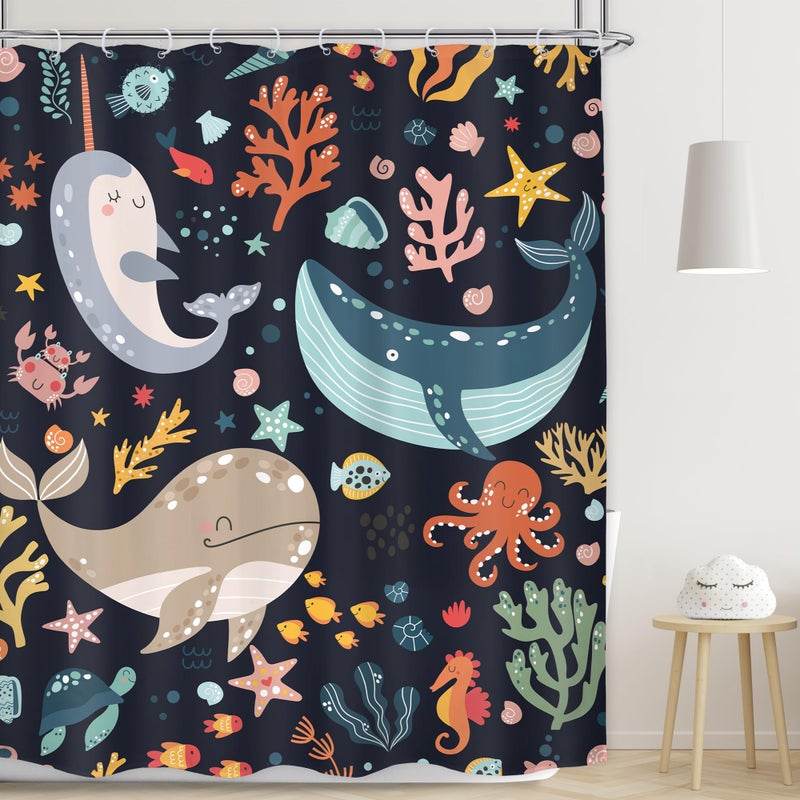 LGhtyro Kids Sea Animal Shower Curtain Bathroom Set 60Wx71H Inches Funny Whale Cute Cartoon Fish Ocean Sealife Coral Starfish Bath Accessories for Boys Nursery Art Home Decor Fabric 12 Pack Hooks - Image 1