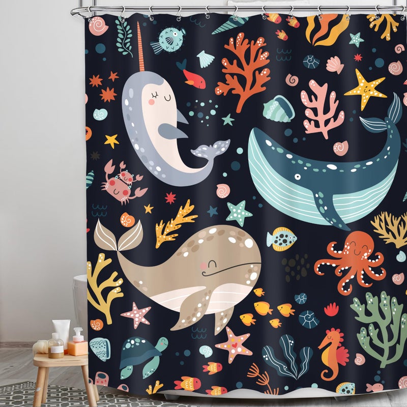 LGhtyro Kids Sea Animal Shower Curtain Bathroom Set 60Wx71H Inches Funny Whale Cute Cartoon Fish Ocean Sealife Coral Starfish Bath Accessories for Boys Nursery Art Home Decor Fabric 12 Pack Hooks - Image 2