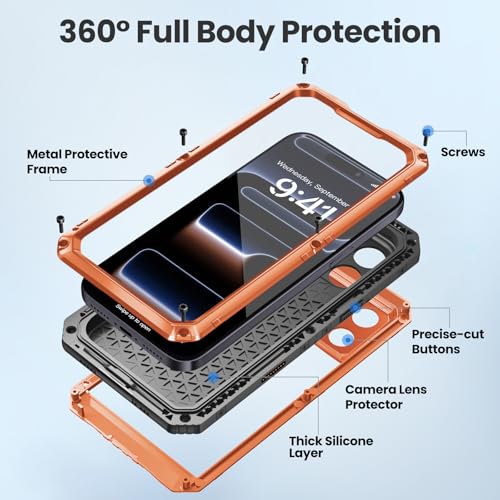 Mitywah Waterproof Case for iPhone 17 Pro Max, Rugged Metal Case with Built-in Screen Protector, Heavy Duty Full Body Shockproof Protective Cover 6.9 inch, Orange - Image 5
