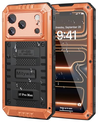 Mitywah Waterproof Case for iPhone 17 Pro Max, Rugged Metal Case with Built-in Screen Protector, Heavy Duty Full Body Shockproof Protective Cover 6.9 inch, Orange - Image 1