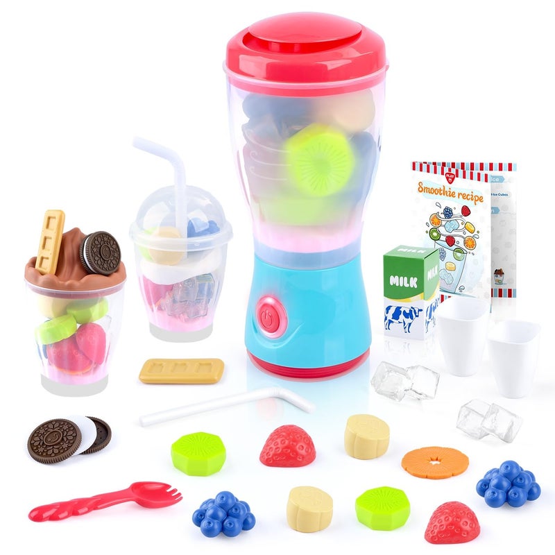 PLAY Smoothie Maker Toy Blender Set 27 Pcs Pretend Play Kitchen Appliance for Kids with Realistic Action Light and Sound Play Toy Food Fruits and Cookies Toy Mixer Birthday Gift for Kids Ages 3 - Image 2