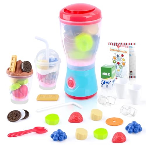 PLAY Smoothie Maker Toy Blender Set 27 Pcs Pretend Play Kitchen Appliance for Kids with Realistic Action Light and Sound Play Toy Food Fruits and Cookies Toy Mixer Birthday Gift for Kids Ages 3 - Image 1