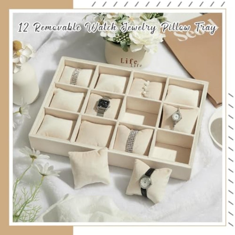 2 Pieces Velvet Watch Tray Jewelry Organizer Stackable Watch Bracelet Bangle Display Holder Adjustable Pillow, 12 Grid, Engineered Wood - Image 5