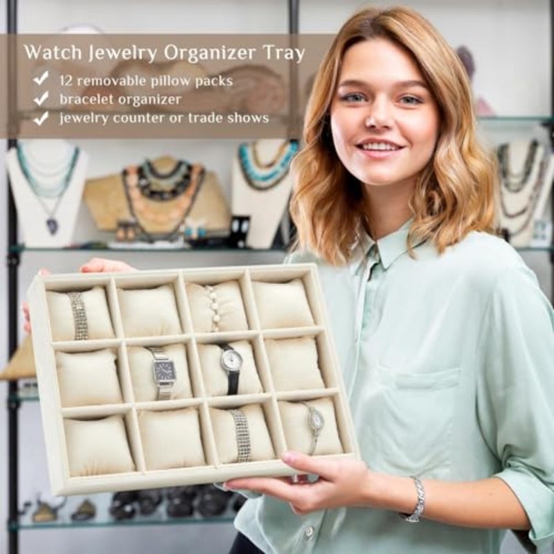 2 Pieces Velvet Watch Tray Jewelry Organizer Stackable Watch Bracelet Bangle Display Holder Adjustable Pillow, 12 Grid, Engineered Wood - Image 4