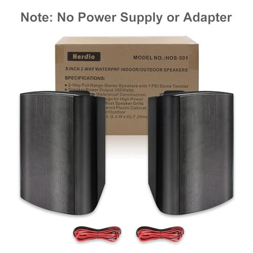 Herdio 5.25 Inches Passive Outdoor Speakers Wired Waterproof, 300 Watts Wall Mount Speakers All Weather for Patio Indoor Deck Countryard (1 Pair, Black) - Image 3