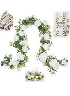 KASTWAVE Artificial Eucalyptus Garland with Flowers, 5.9FT Fake Rose Gypsophila Garland, Faux Floral Garland Greenery Garland for Table, Wedding, Bedroom, Party, Wall Decor  - Image 1