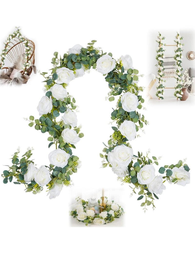 KASTWAVE Artificial Eucalyptus Garland with Flowers, 5.9FT Fake Rose Gypsophila Garland, Faux Floral Garland Greenery Garland for Table, Wedding, Bedroom, Party, Wall Decor - Image 1