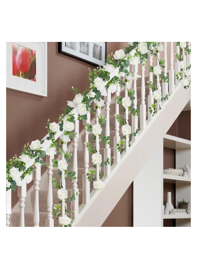 KASTWAVE Artificial Eucalyptus Garland with Flowers, 5.9FT Fake Rose Gypsophila Garland, Faux Floral Garland Greenery Garland for Table, Wedding, Bedroom, Party, Wall Decor - Image 2