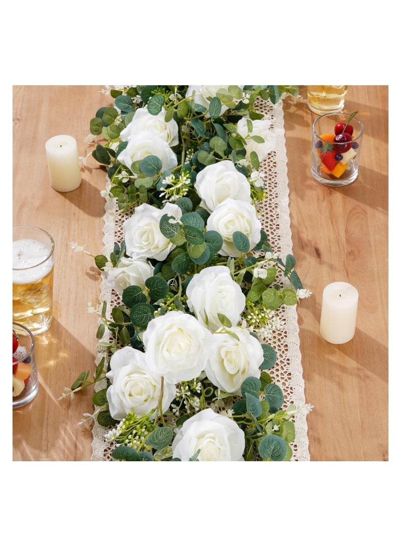 KASTWAVE Artificial Eucalyptus Garland with Flowers, 5.9FT Fake Rose Gypsophila Garland, Faux Floral Garland Greenery Garland for Table, Wedding, Bedroom, Party, Wall Decor - Image 3