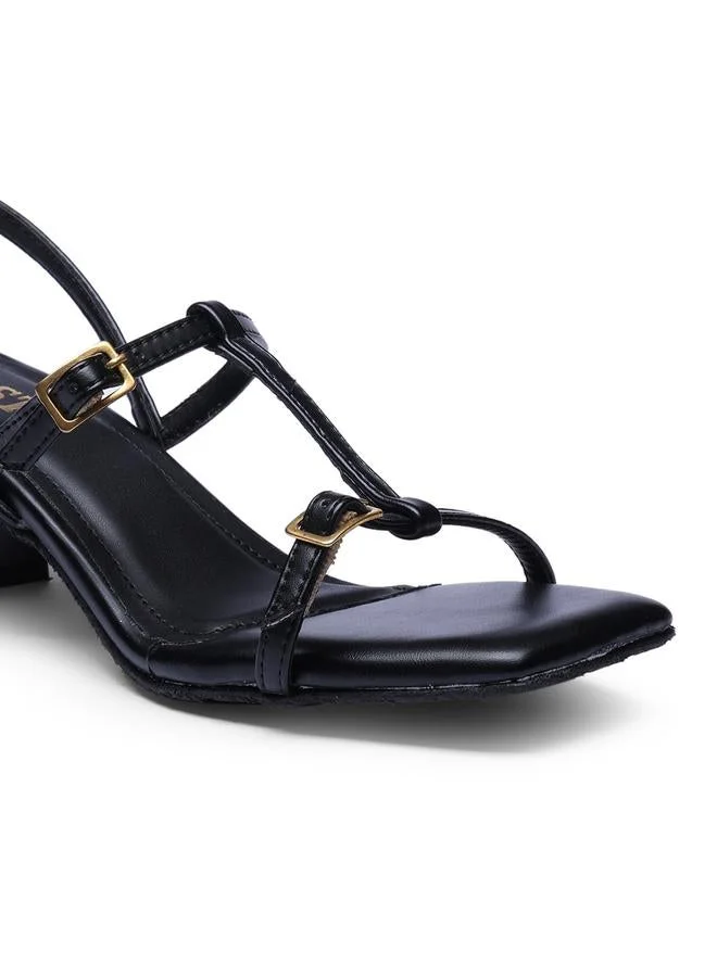 Gnist Black Mid-Heel T-Strap Sandals