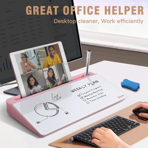 SELEAD Desktop Glass Whiteboard with Organizer & Built-in Mirror - Small Dry Erase White Board Computer Pad Keyboard Stand with Markers, Eraser, Holder for Women - Pink - Image 3
