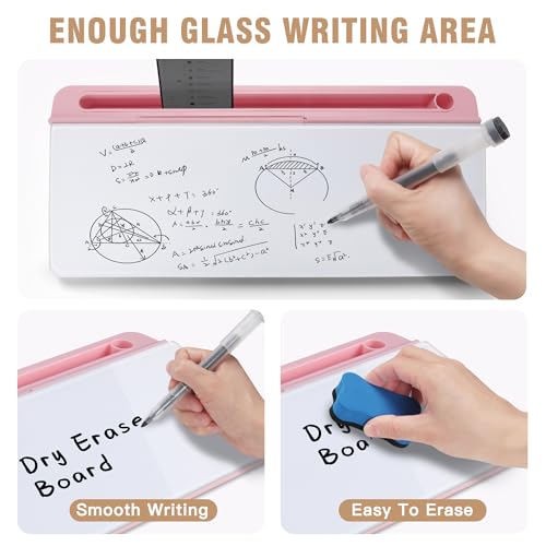 SELEAD Desktop Glass Whiteboard with Organizer & Built-in Mirror - Small Dry Erase White Board Computer Pad Keyboard Stand with Markers, Eraser, Holder for Women - Pink - Image 4