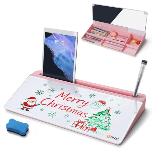 SELEAD Desktop Glass Whiteboard with Organizer & Built-in Mirror - Small Dry Erase White Board Computer Pad Keyboard Stand with Markers, Eraser, Holder for Women - Pink - Image 1